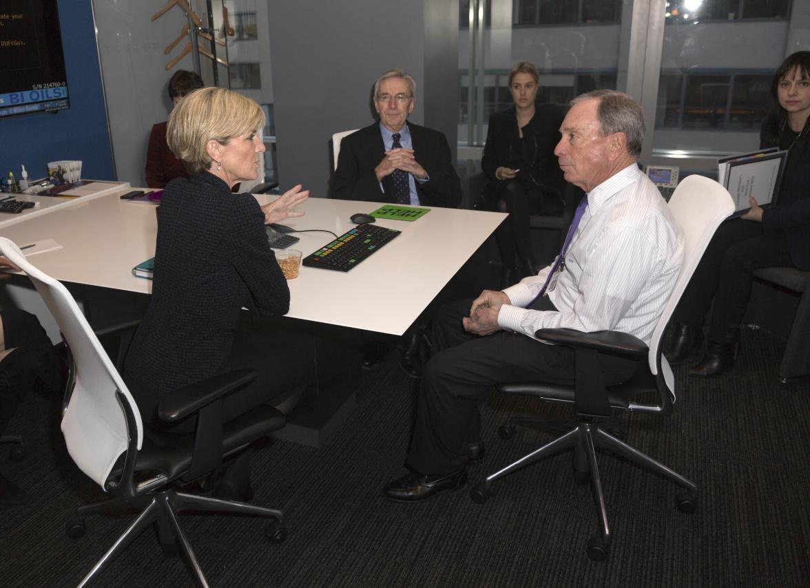 New York. January 22, 2015. Foreign Minister Julie Bishop meets with Founder and Chief Executive Officer of Bloomberg L.P. Mr Mike Bloomberg. photo by Trevor Collens.