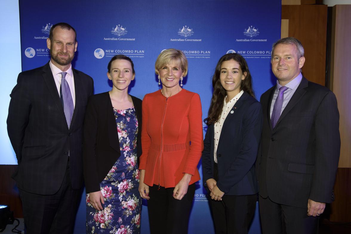 Foreign Minister Julie Bishop with (L-R) Professor Kent Anderson, Deputy Vice-Chancellor, scholars Hayley Winchcombe and Phobe Rolling, University of Western Australia, and Mr Bill Townsend, General Manager INPEX