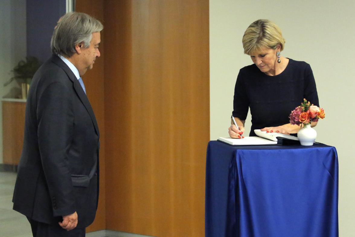 Foreign Minister Julie Bishop meets with United Nations Secretary-General António Guterres at UN Headquarters in New York on 21 September 2017.