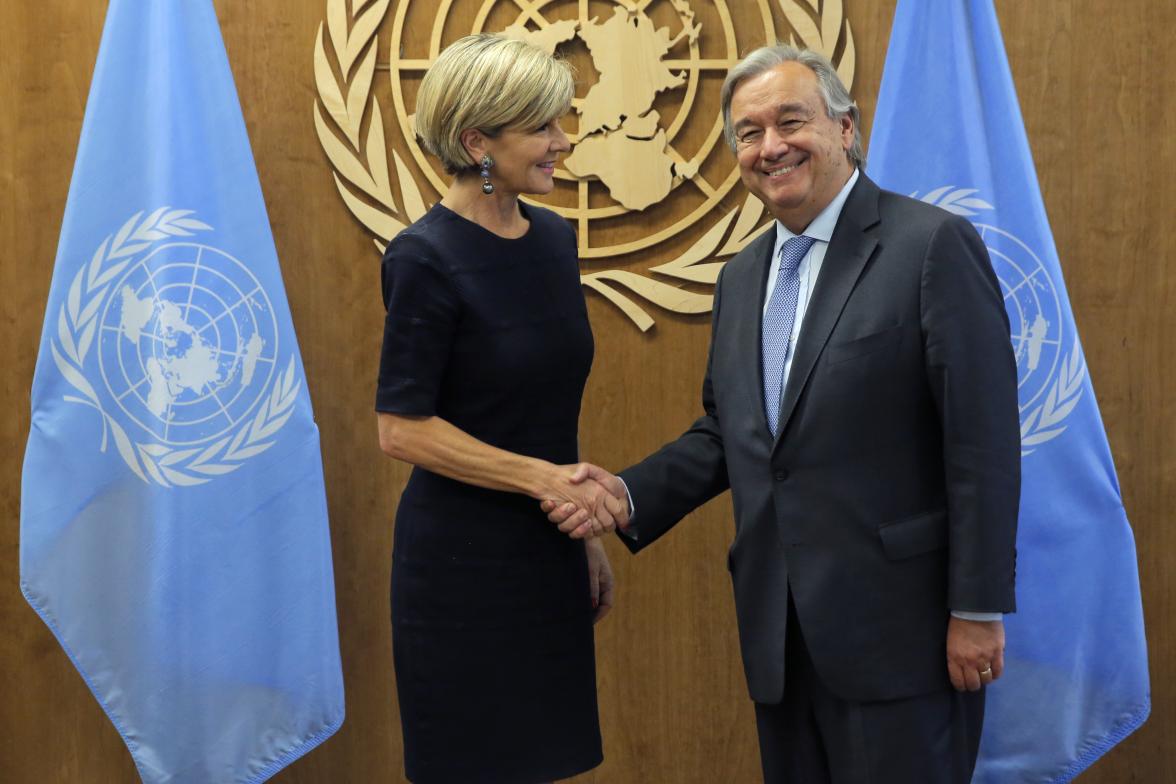 Foreign Minister Julie Bishop meets with United Nations Secretary-General António Guterres at UN Headquarters in New York on 21 September 2017.