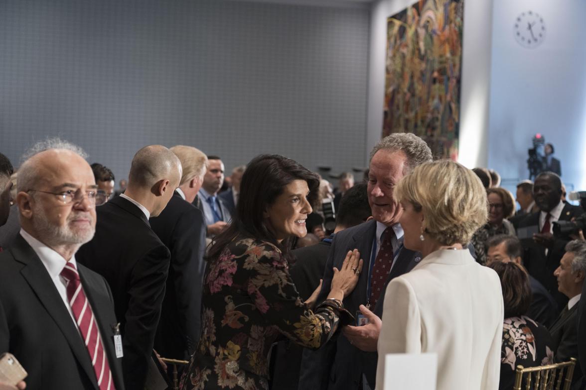 Foreign Minister Julie Bishop joins United States Ambassador to the United Nations, Nikki Haley, and heads of delegation at a luncheon hosted by UN Secretary-General António Guterres in New York on 19 September 2017.