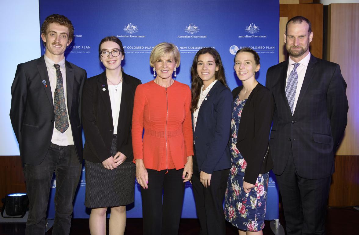 Foreign Minister Julie Bishop with (L-R) Theo Stapleton, NCP Alumnus, scholars Zoe Fitzgerald, Ameilia Catterick-Stoll and Hayley Winchcombe, Professor Kent Anderson, University of Western Australia