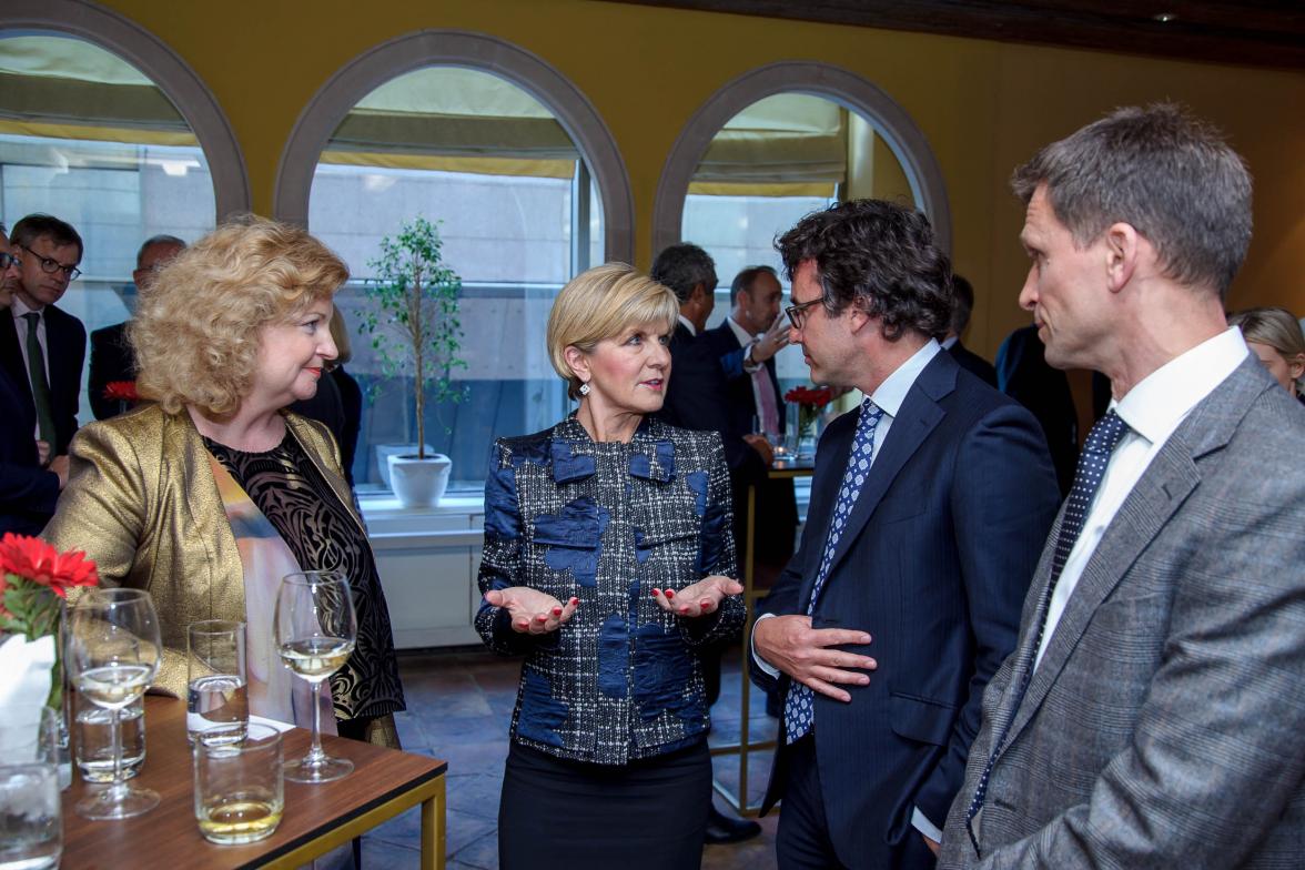 Foreign Minister Julie Bishop discusses business opportunities in Serbia with representatives of Rio Tinto Richard Storey and Simon Trott in Belgrade, 13 July 2017.