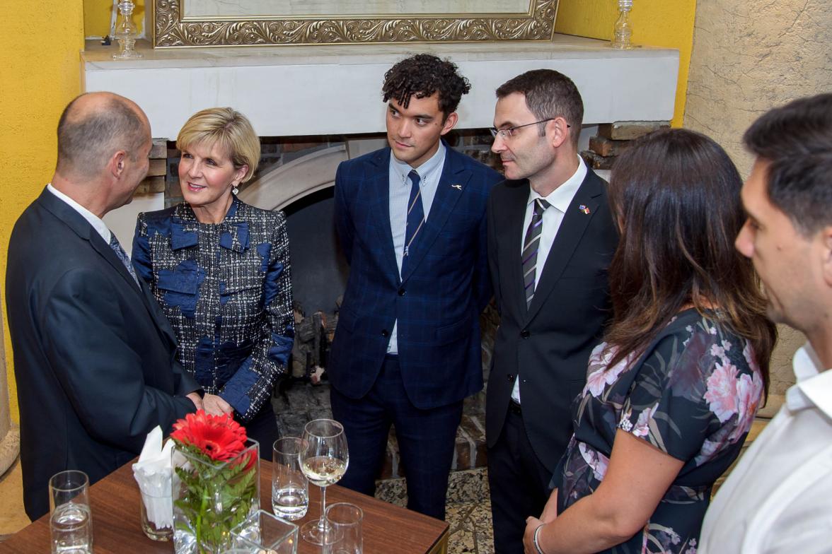 Foreign Minister Julie Bishop discusses business opportunities in Serbia with Australian business representative Dragan Vasic (Brivis) and embassy officials in Belgrade, 13 July 2017.