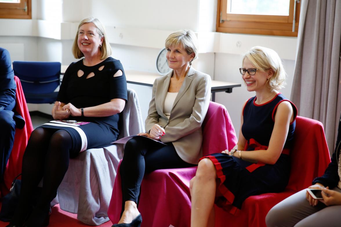 Foreign Minister Julie Bishop joined by Liechtenstein Foreign Minister Aurelia Frick and Australia’s Ambassador to Liechtenstein Lynette Wood at the LieLa Language Learning Initiative in Vaduz, Liechtenstein 12 July 2017.