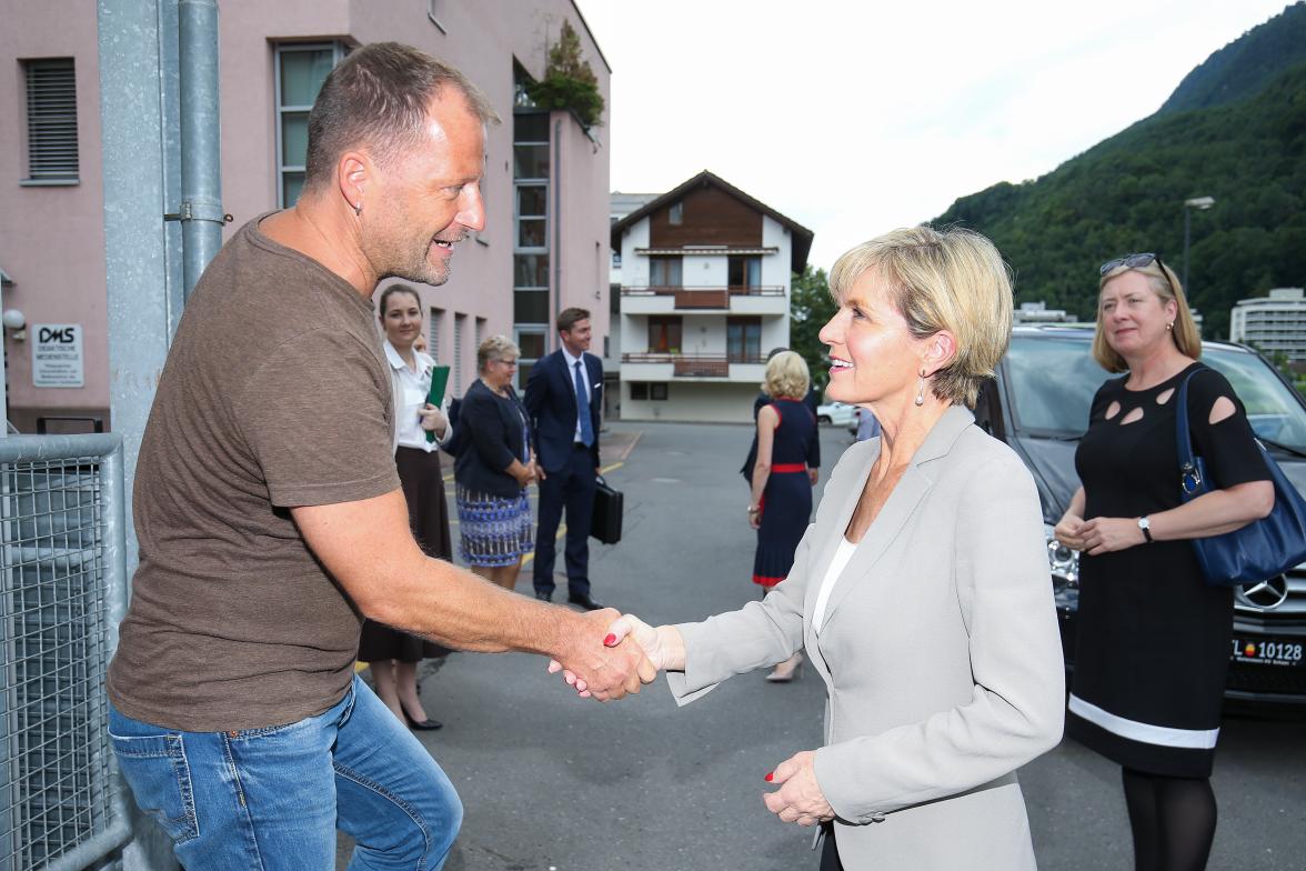 Foreign Minister Julie Bishop meets LieLa trainer and board member Martin Beck in Vaduz, Liechtenstein on 12 July.