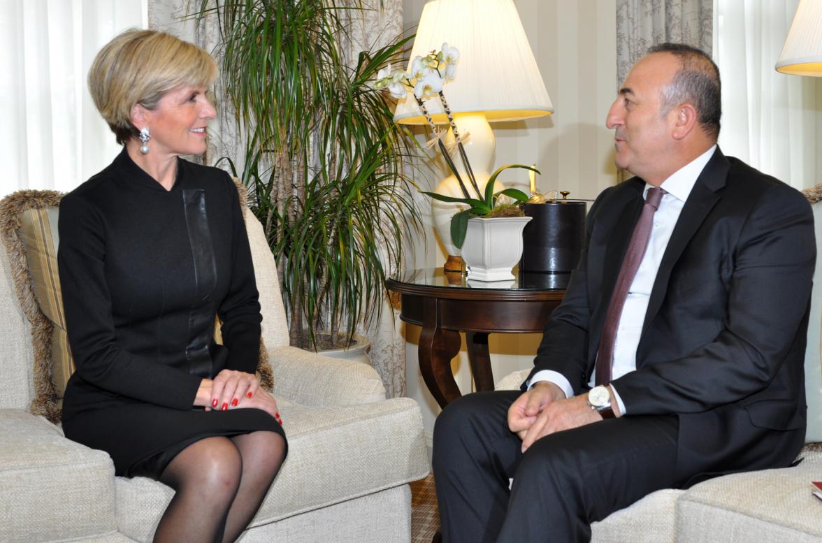 Foreign Minister Julie Bishop meets with HE Mr Mevlut Cavusoglu, Minister of Foreign Affairs, Turkey ahead of the Nuclear Security Summit. Washington DC, 31 March 2016