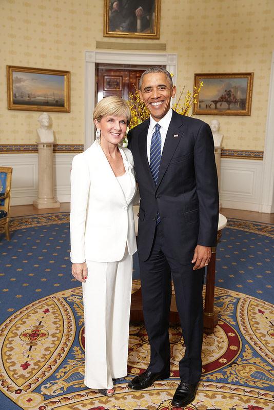 Foreign Minister Julie Bishop is welcomed by President Barack Obama to the White House working dinner for delegates attending the Nuclear Security Summit in Washington DC on 31 March 2016.