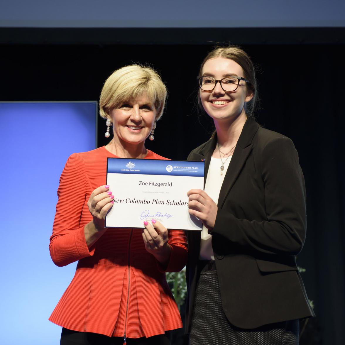 Foreign Minister Julie Bishop with Zoë Fitzgerald, 2018 Hong Kong  Fellow, the University of Western Australia