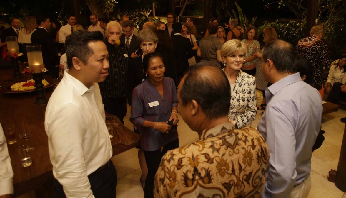 Foreign Minister Julie Bishop meets members of the Australian and Indonesian business community at a reception hosted by Australian Consul-General to Bali Majell Hind, August 28 2014, Bali.