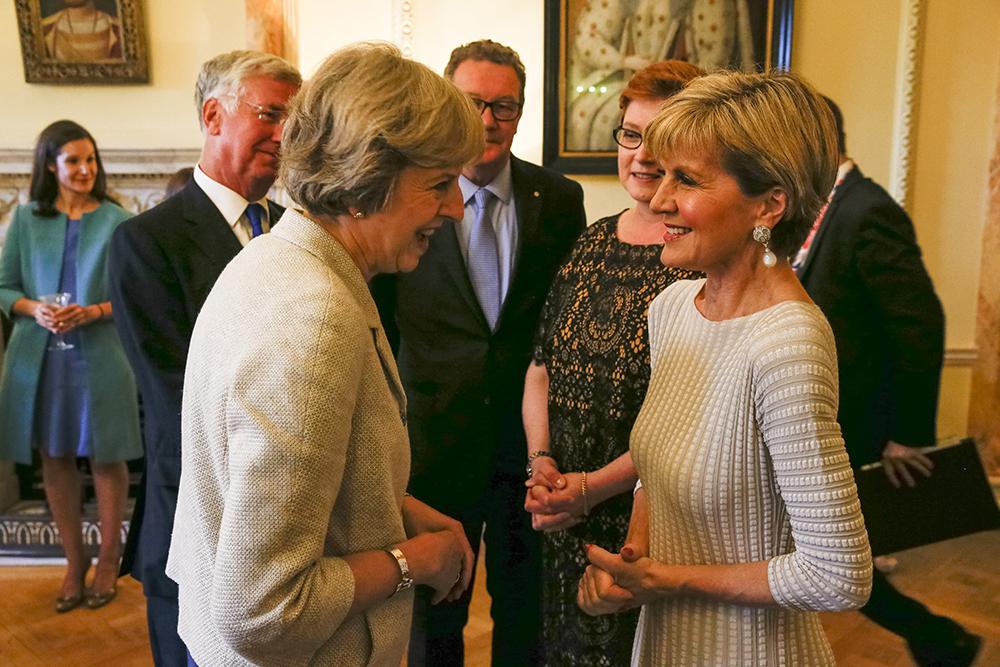 Foreign Minister Julie Bishop with UK Prime Minister Theresa May at 10 Downing Street for the commencement of the annual Australia-UK Ministerial Consultations (AUKMIN). Photo credit: Jim Ross