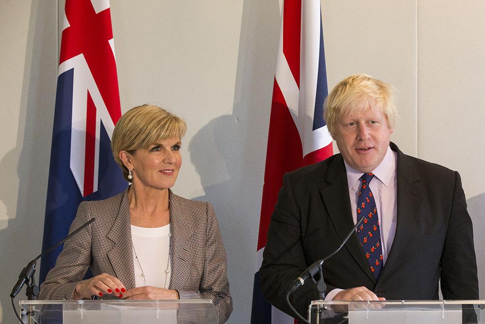 Foreign Minister Julie Bishop with UK Foreign Secretary Boris Johnson at the AUKMIN joint press conference at Royal Hospital Chelsea. Photo credit: Jim Ross