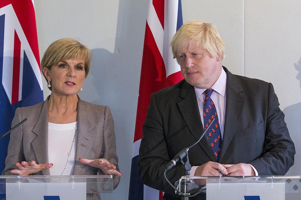 Foreign Minister Julie Bishop with UK Foreign Secretary Boris Johnson at the AUKMIN joint press conference at Royal Hospital Chelsea. Photo credit: Jim Ross