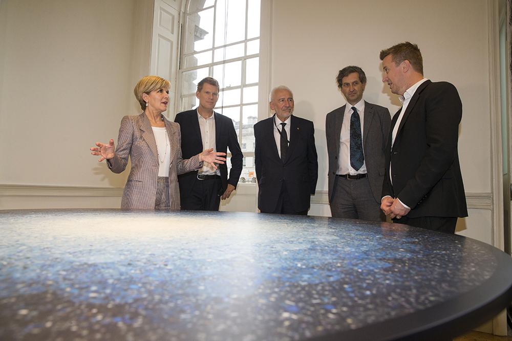 Foreign Minister Julie Bishop talks with Sir John Sorrell (President, London Design Biennale), Christopher Turner (Director, London Design Biennale), Jonathan Reekie (Director, Somerset House Trust) ahead of touring the Australian Pavilion at the London D