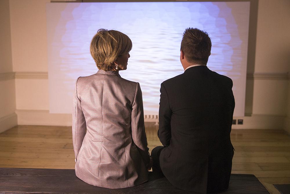 Foreign Minister Julie Bishop talks with designer Brodie Neill about his installation ‘gyro’ – a table made from plastic ocean waste at the Australian Pavilion and the London Design Biennale. Photo credit: Jim Ross