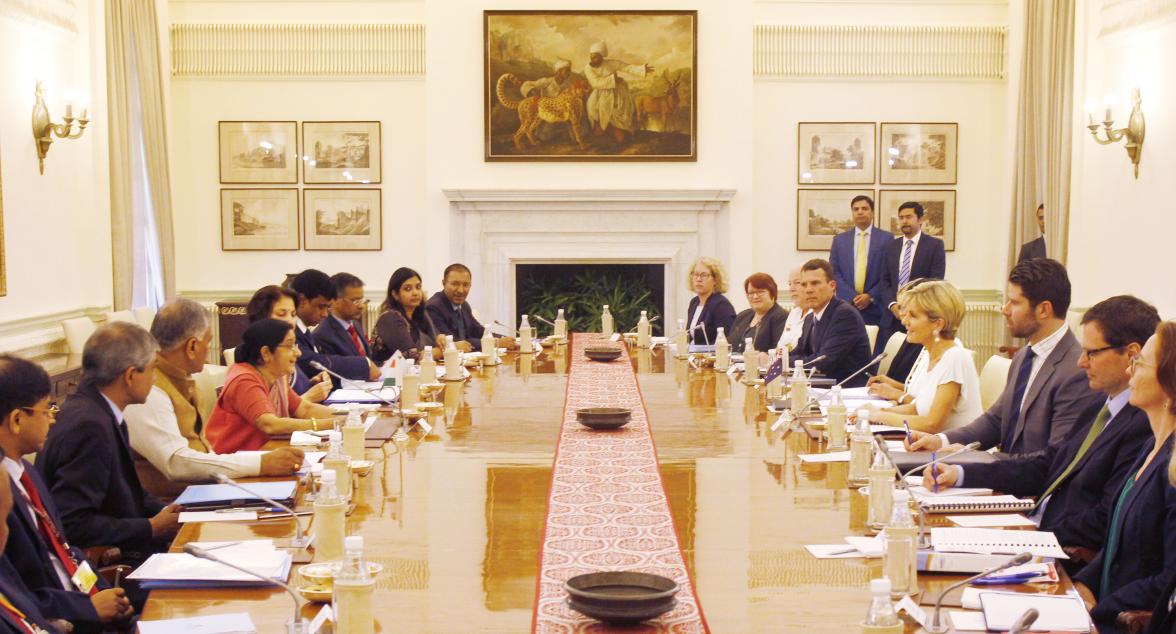 Foreign Minister Julie Bishop and Indian External Affairs Minister Sushma Swaraj participating in the Foreign Ministers’ Framework Dialogue in Delhi, 18 July 2017.