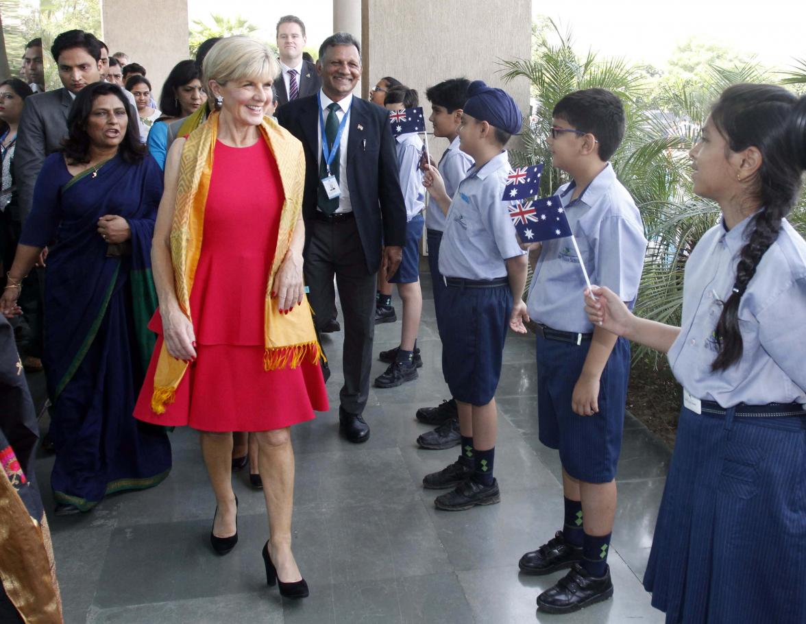 Foreign Minister Julie Bishop being welcomed by students on her arrival at Shiv Nadar school in Gurugram, Haryana, 19 July 2017.