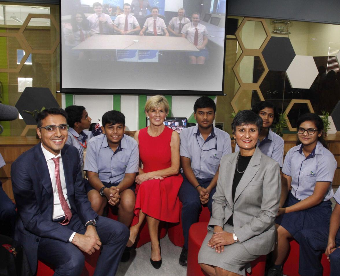 Foreign Minister Julie Bishop interacts with BRIDGE school students in Australia and India at Shiv Nadar School in Gurugram, Haryana, 19 July 2017.