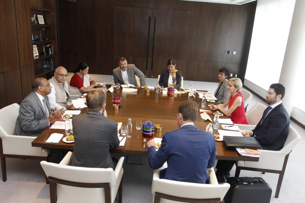 Foreign Minister Julie Bishop in discussion with development thought leaders in India about innovative ways to ensure sustainable outcomes for the bottom billion by focussing on 'last mile' implementation – in energy, water, food, nutrition, 19 July 2017.