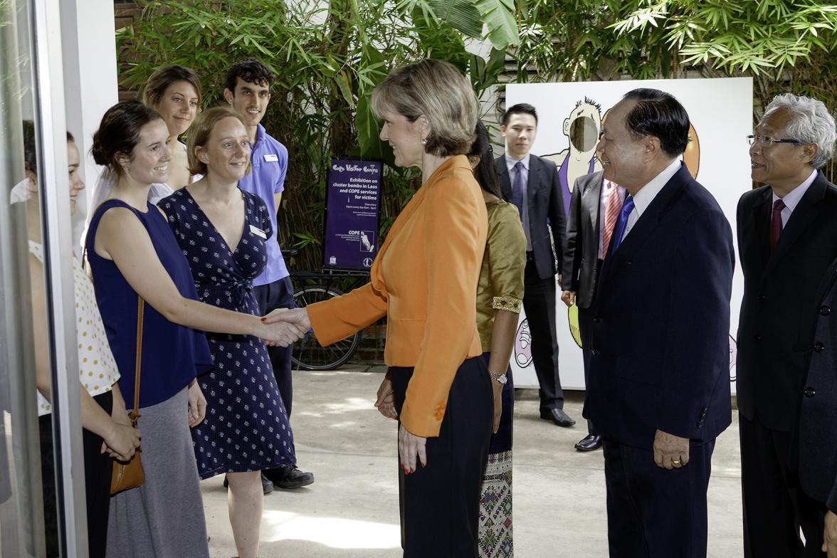 Foreign Minister Julie Bishop visits the UXO Visitor Centre of the Cooperative Orthotic and Prosthetic Enterprise (COPE). Photo: Bart Verweij