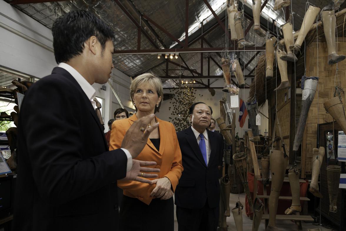 Foreign Minister Julie Bishop visits the UXO Visitor Centre of the Cooperative Orthotic and Prosthetic Enterprise (COPE). Photo: Bart Verweij