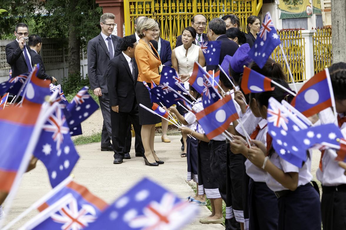 Foreign Minister Julie Bishop is greeted by H.E. Dr. Phankham Viphavanh, Lao minister of Education and Sports. Photo: Bart Verweij