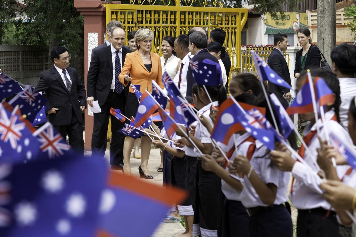 Foreign Minister Julie Bishop is greeted by H.E. Dr. Phankham Viphavanh, Lao minister of Education and Sports. Photo: Bart Verweij