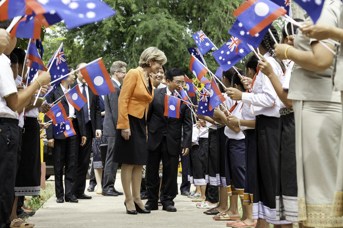 Foreign Minister Julie Bishop is greeted by students at Hom Neua Primary School. Photo: Bart Verweij