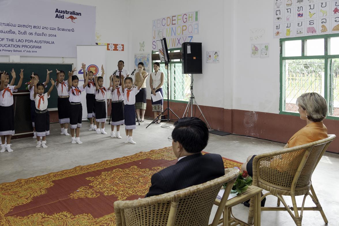 Foreign Minister Julie Bishop with H.E. Dr. Phankham Viphavanh, Lao minister of Education and Sports at the joint launch of  the new Australian basic education program. Photo: Bart Verweij 