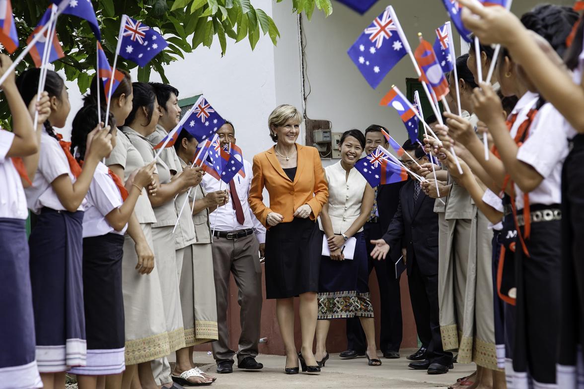 Foreign Minister Julie Bishop with H.E. Dr. Phankham Viphavanh, Lao minister of Education and Sports leaving Hom Neua Primary School. Photo: Bart Verweij