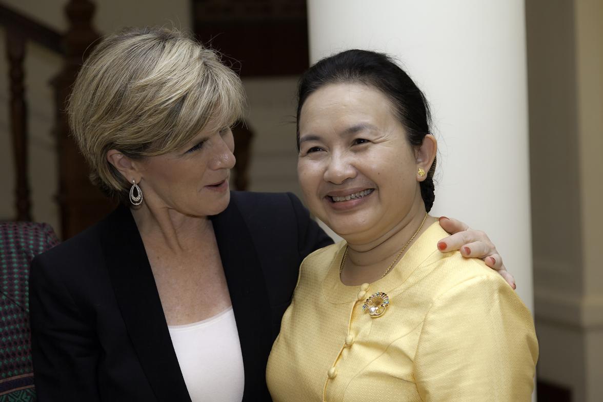 Foreign Minister Julie Bishop with H.E. Mrs Thipphakone Chanthavongsa, Vice Minister of Finance after a meeting with senior Lao women leaders. Photo: Bart Verweij