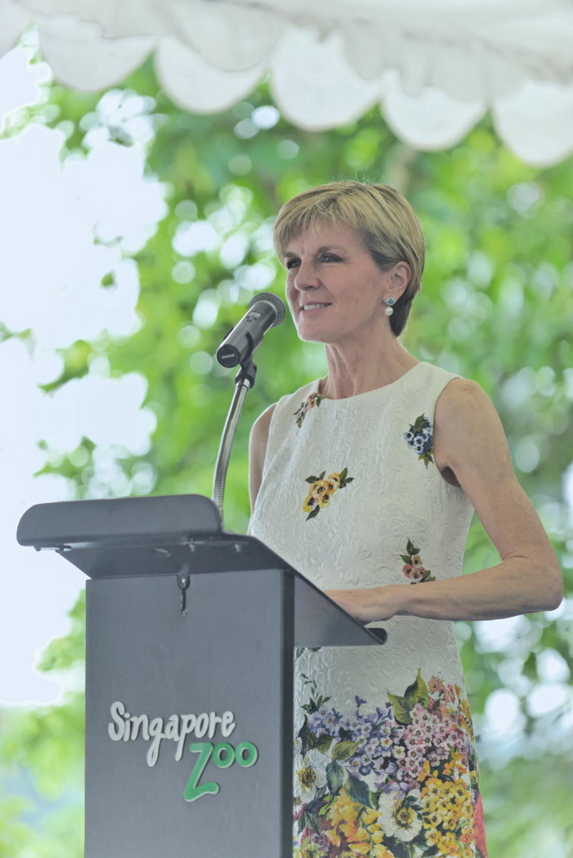 Australia's Foreign Minister Julie Bishop speaks at the launch of Singapore Zoo's new koala exhibit to mark 50 years of Australia-Singapore diplomatic relations and 50 years of Singaporean independence. 20 May 2015.