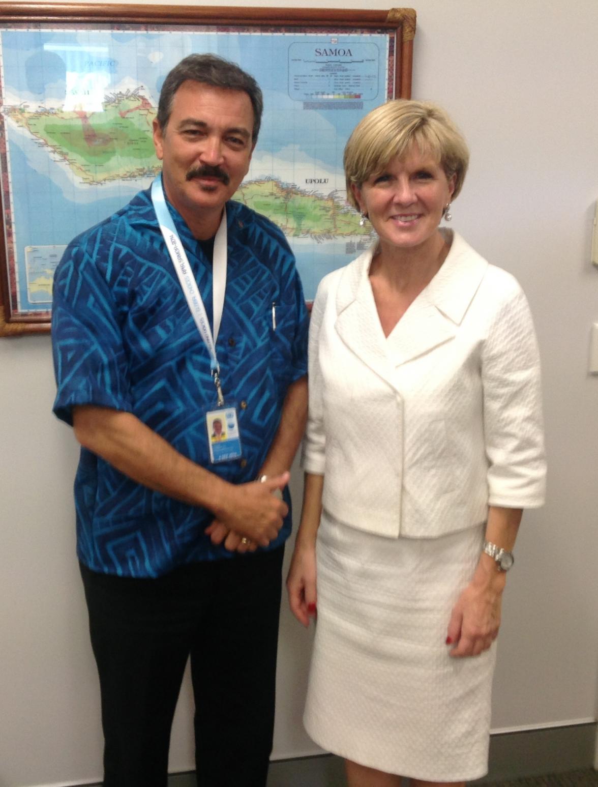 Foreign Minister Julie Bishop discusses common approaches to sustainable economic development with Antigua Foreign Minister Charles Fernandez at SIDS 2014 Conference. 1 September 2014.