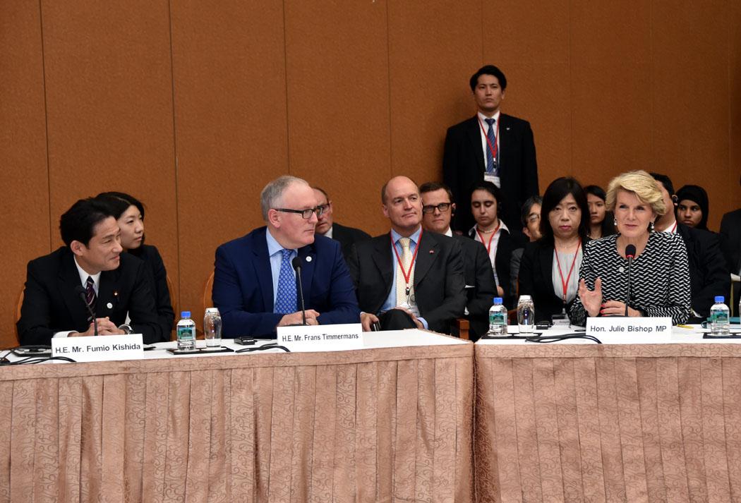 HE Mr Fumio Kishida, Minister for Foreign Affairs of Japan and Mr Frans Timmerman, Minister for Foreign Affairs of the Netherlands, listening to The Hon Julie Bishop, Minister of Foreign Affairs of Australia speaking