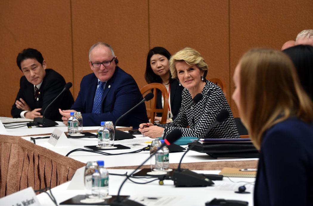 HE Mr Fumio Kishida, Minister for Foreign Affairs of Japan, Mr Frans Timmerman, Minister for Foreign Affairs of the Netherlands, and The Hon Julie Bishop, Minister of Foreign Affairs of Australia listening to Ms Cailin Molinari, Australian Youth Exchange