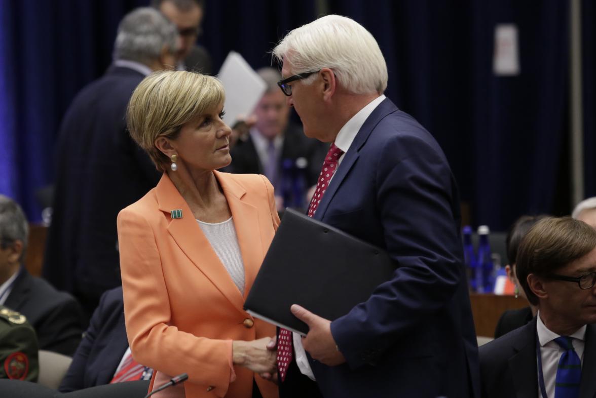 Foreign Minister Julie Bishop chats with German Foreign Minister  Frank-Walter Steinmeier at the Meeting of the Ministers of the Global Coalition to Counter ISIL. US Dept of State, Washington DC, 21 July 2016.  Photo:  Yuri Gripas