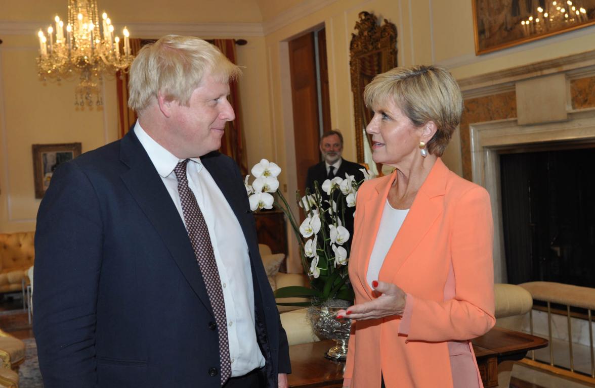 Foreign Minister Julie Bishop meets with British Foreign Secretary Boris Johnson at the residence of the British Ambassador to the US in Washington DC on 21 July 2016.