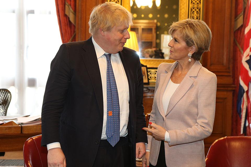 Foreign Minister Julie Bishop with UK Foreign Secretary Boris Johnson at the Foreign and Commonwealth Office during their bilateral meeting. Photo credit: FCO/Crown Copyright