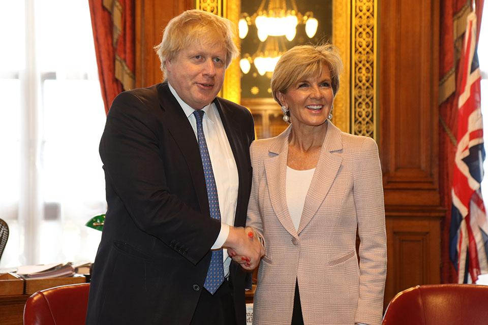 Foreign Minister Julie Bishop with UK Foreign Secretary Boris Johnson at the Foreign and Commonwealth Office during their bilateral meeting. Photo credit: FCO/Crown Copyright