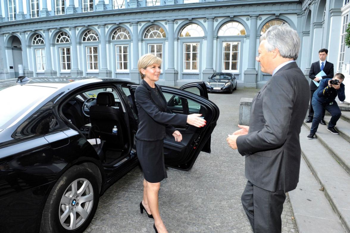 Foreign Minister Julie Bishop arrives for her meeting with the Belgian Deputy Prime Minister and Minister for Foreign Affairs and European Affairs, Mr Didier Reynders, at Egmont Palace, Brussels. Photo credit: DFAT/Fred Guerdin