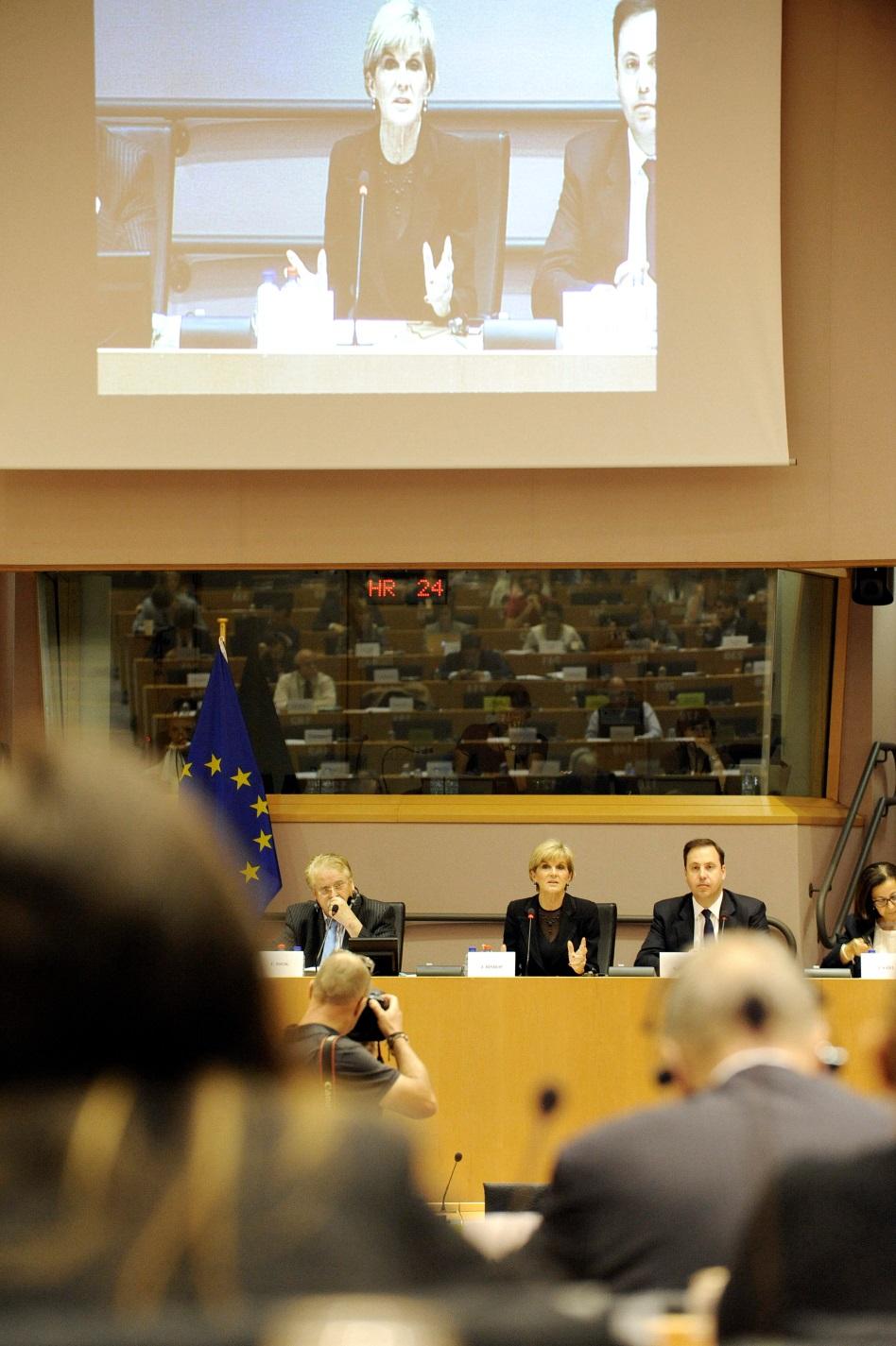 Foreign Minister Julie Bishop addressing the European Parliament Committee on Foreign Affairs and Committee for International Trade. Photo credit: DFAT/Fred Guerdin