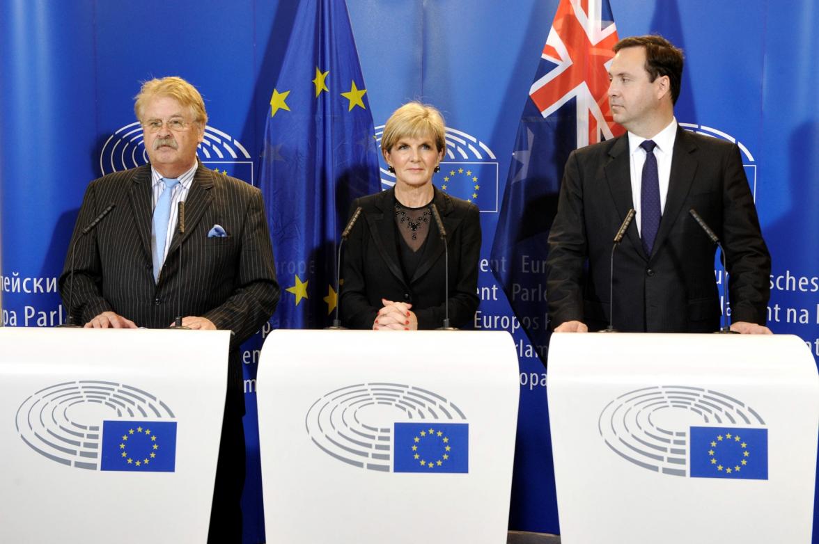 Foreign Minister Julie Bishop participates in a press conference with the Chair of the European Parliament’s Committee on Foreign Affairs, Mr Elmar Brok, and the Hon Steven Ciobo, the Australian Minister for Trade, Tourism and Investment.