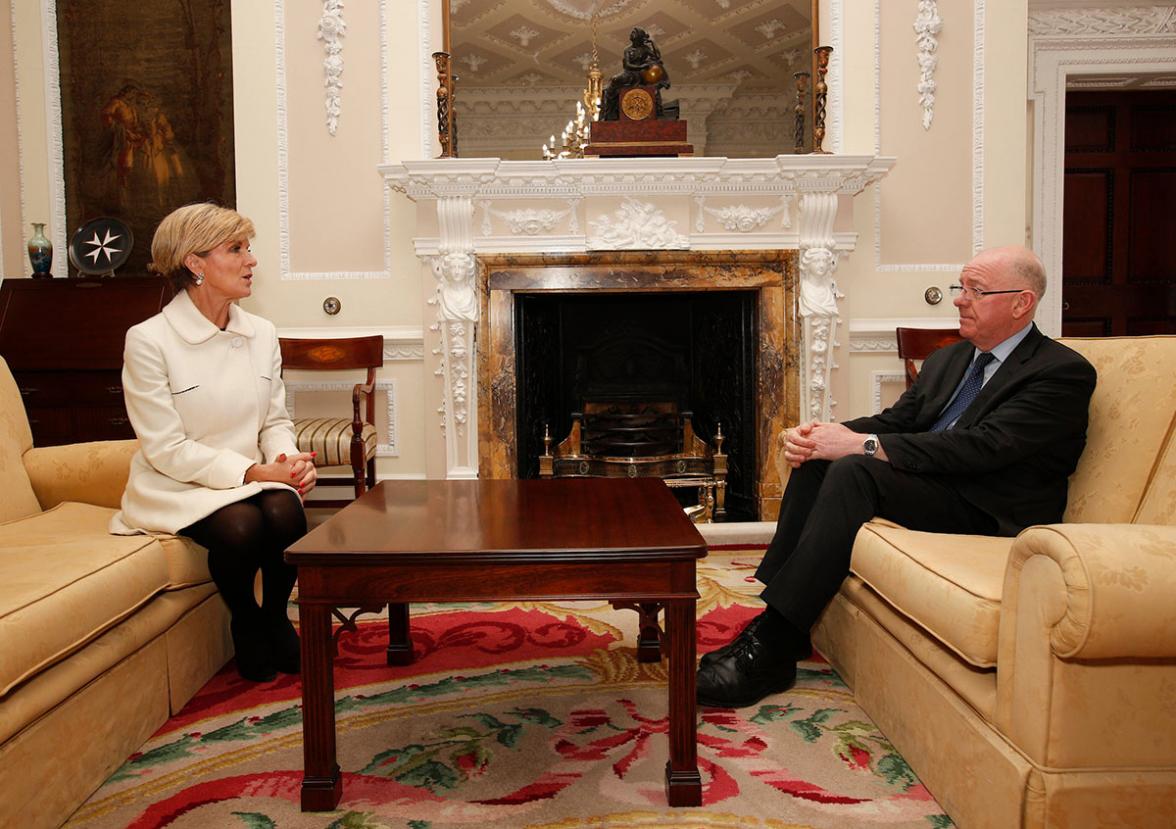 Foreign Minister Julie Bishop is welcomed to Dublin by Irish Minister for Foreign Affairs and Trade Charlie Flanagan ahead of their bilateral meeting in Dublin. Photo credit: Commonwealth of Australia