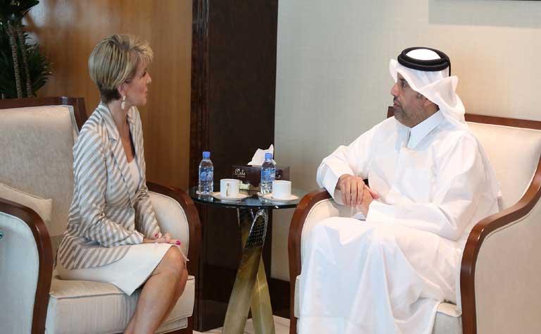 Foreign Minister Julie Bishop talks with Minister of Economy and Commerce H.E. Sheikh Ahmed bin Jassim Al-Thani during her visit to Doha, Qatar. Credit: Qatar News Agency.