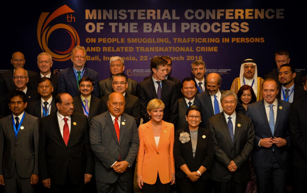 23 March 2016, Bali, Indonesia:  A group photo of the delegates of the 6th Ministerial Conference of the Bali Process. Co-chairs Foreign Minister Julie Bishop, seen in the center with Indonesian Foreign Minister Ms Retno Marsudi.