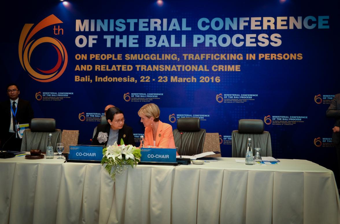 23 March 2016, Bali, Indonesia:  (center left to right) Co-chairs, Indonesian Foreign Minister Ms Retno Marsudi and Foreign Minister Julie Bishop, before the start of the 6th Ministerial Conference of the Bali Process.