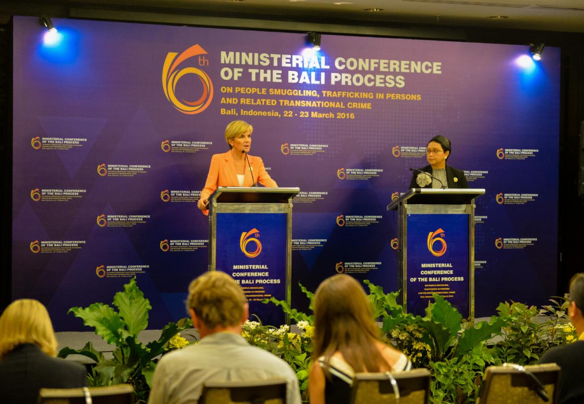 23 March 2016, Bali, Indonesia:  Foreign Minister Julie Bishop, with Indonesian Foreign Minister Ms Retno Marsudi, during a press conference after the 6th Ministerial Conference of the Bali Process.