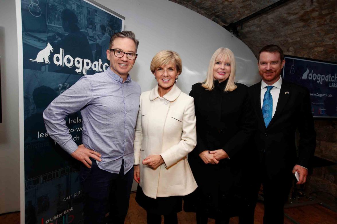 Foreign Minister Julie Bishop and Irish Minister for Jobs, Enterprise and Innovation Mary Mitchell O’Connor with Australian Ambassador Richard Andrews (R), Dr Johnny Walker, Health Founders (L) at Dogpatch Labs in Dublin. Photo credit: Commonwealth of Aus