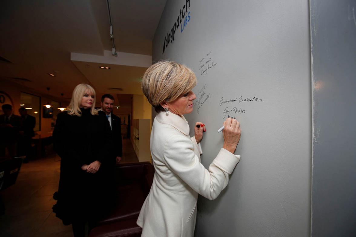 Foreign Minister Julie Bishop signs the wall at Dogpatch Labs during her visit to Dublin. Photo credit: Commonwealth of Australia