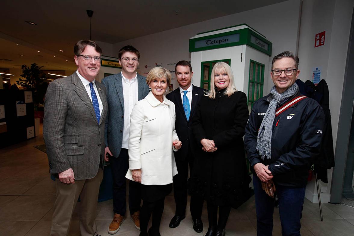 Foreign Minister Julie Bishop with Irish Minister for Jobs, Enterprise and Innovation Mary Mitchell O’Connor (centre) and (back L-R) Aidan Connolly, CIO of Alltech, Patrick Walsh, Managing Director of Dogpatch Labs, Australian Ambassador Richard Andrews,